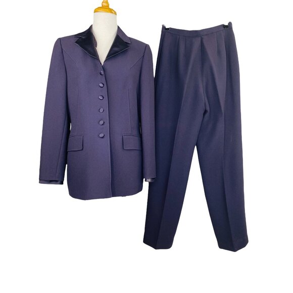 Albert NiponTuxedo Pant Suit Vintage 90s Plum Sz 8 Removable Satin Collar & Cuff - Picture 8 of 11